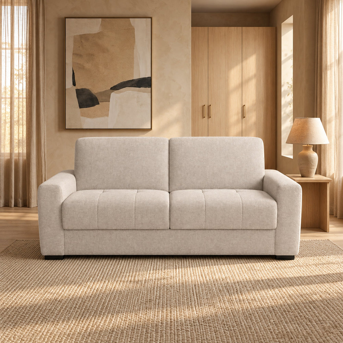 DYLANE Canapé 3 places convertible tissu capitonné beige matelas 22 cm - Canapés convertibles - Mobilier Deco