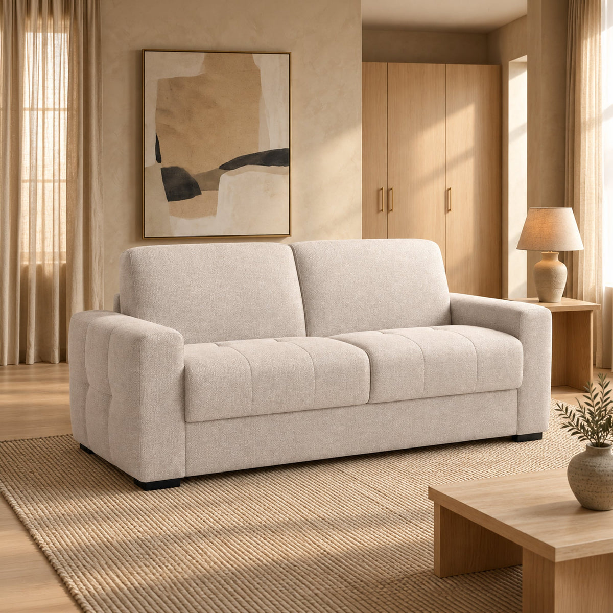 DYLANE Canapé 3 places convertible tissu capitonné beige matelas 22 cm - Canapés convertibles - Mobilier Deco