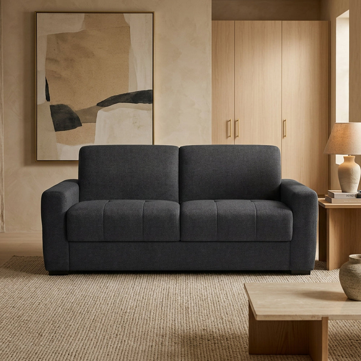 DYLANE Canapé 3 places convertible tissu capitonné gris anthracite matelas 22 cm - Canapés convertibles - Mobilier Deco