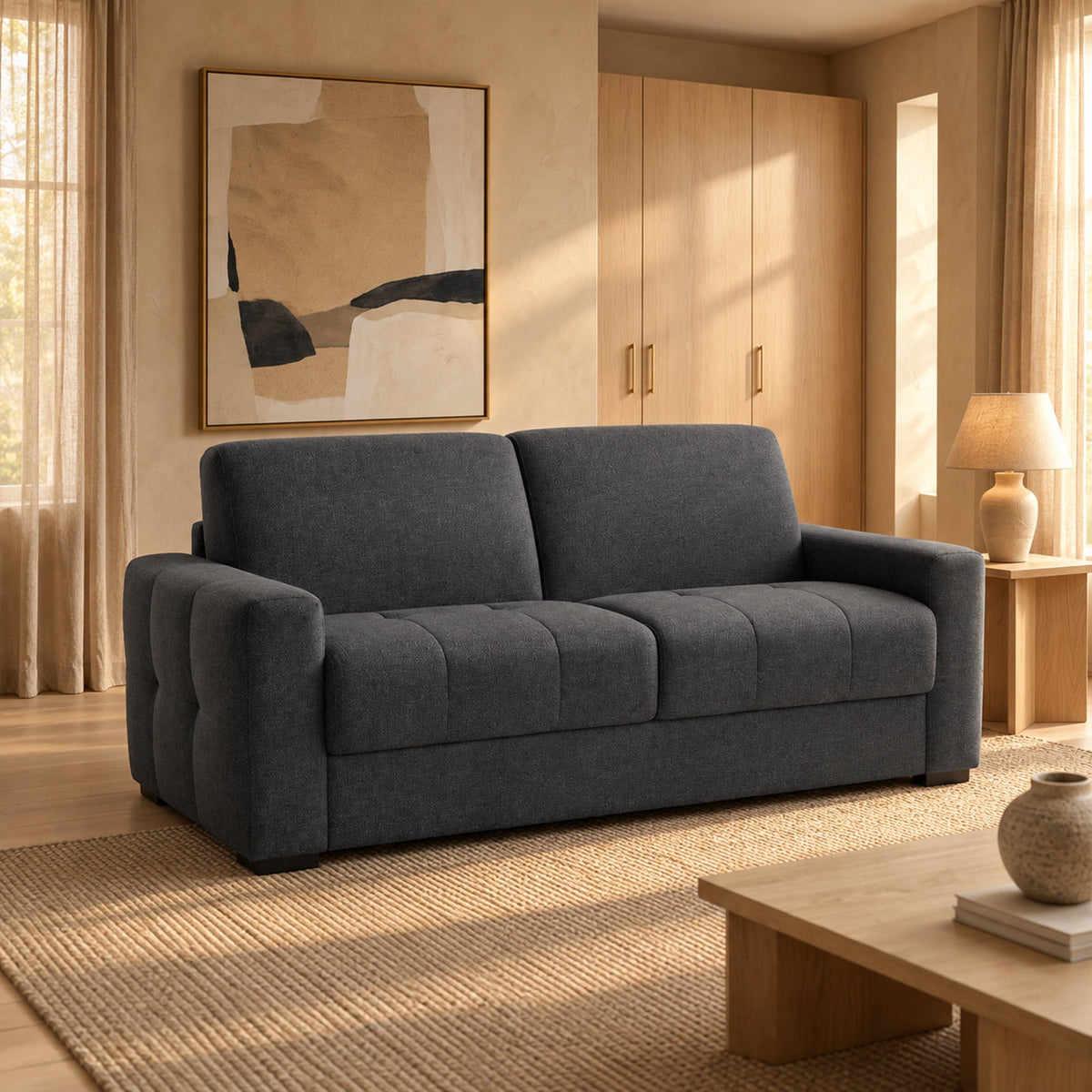 DYLANE Canapé 3 places convertible tissu capitonné gris anthracite matelas 22 cm - Canapés convertibles - Mobilier Deco