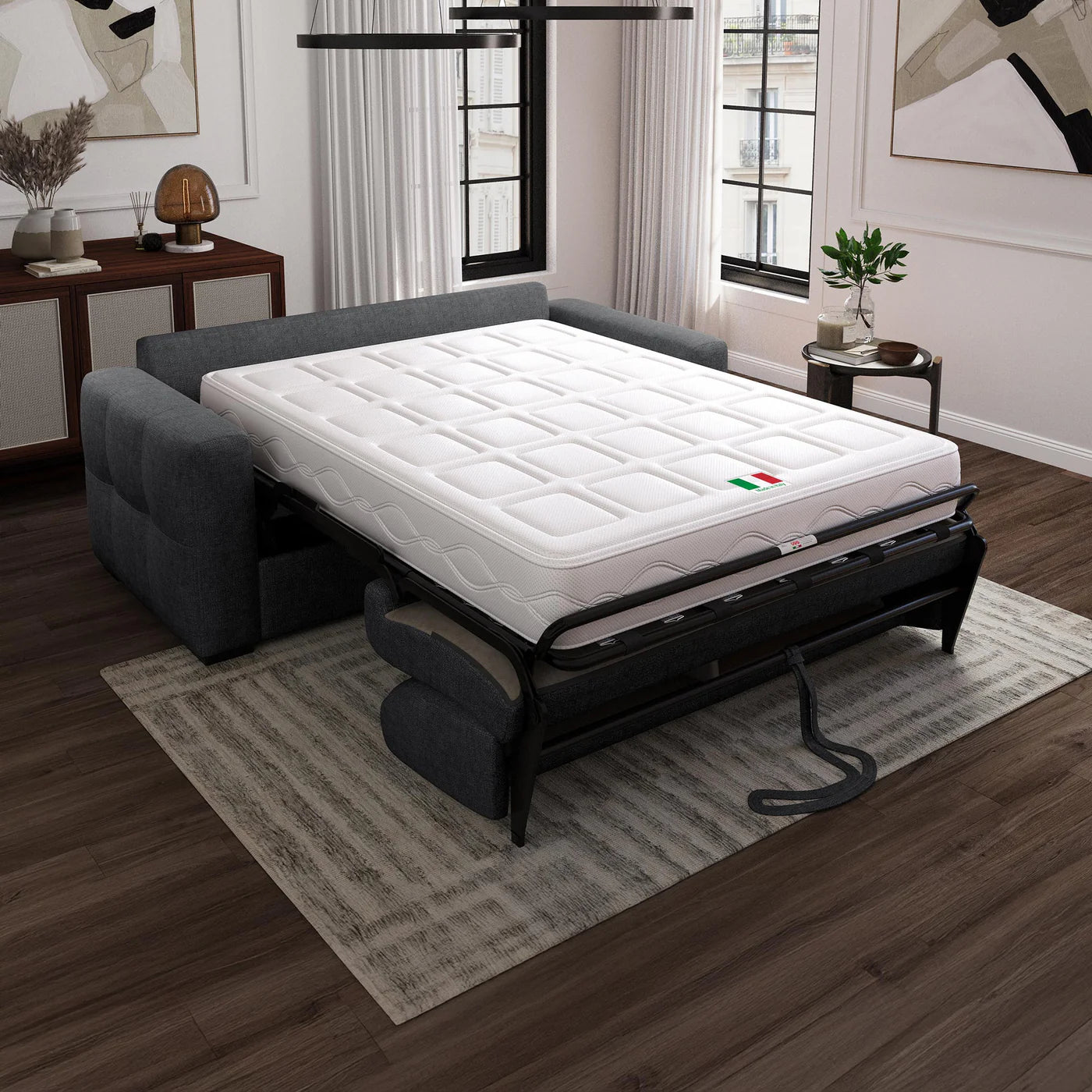 DYLANE - Canapé 3 places convertible Rapido en tissu capitonné avec matelas 22 cm