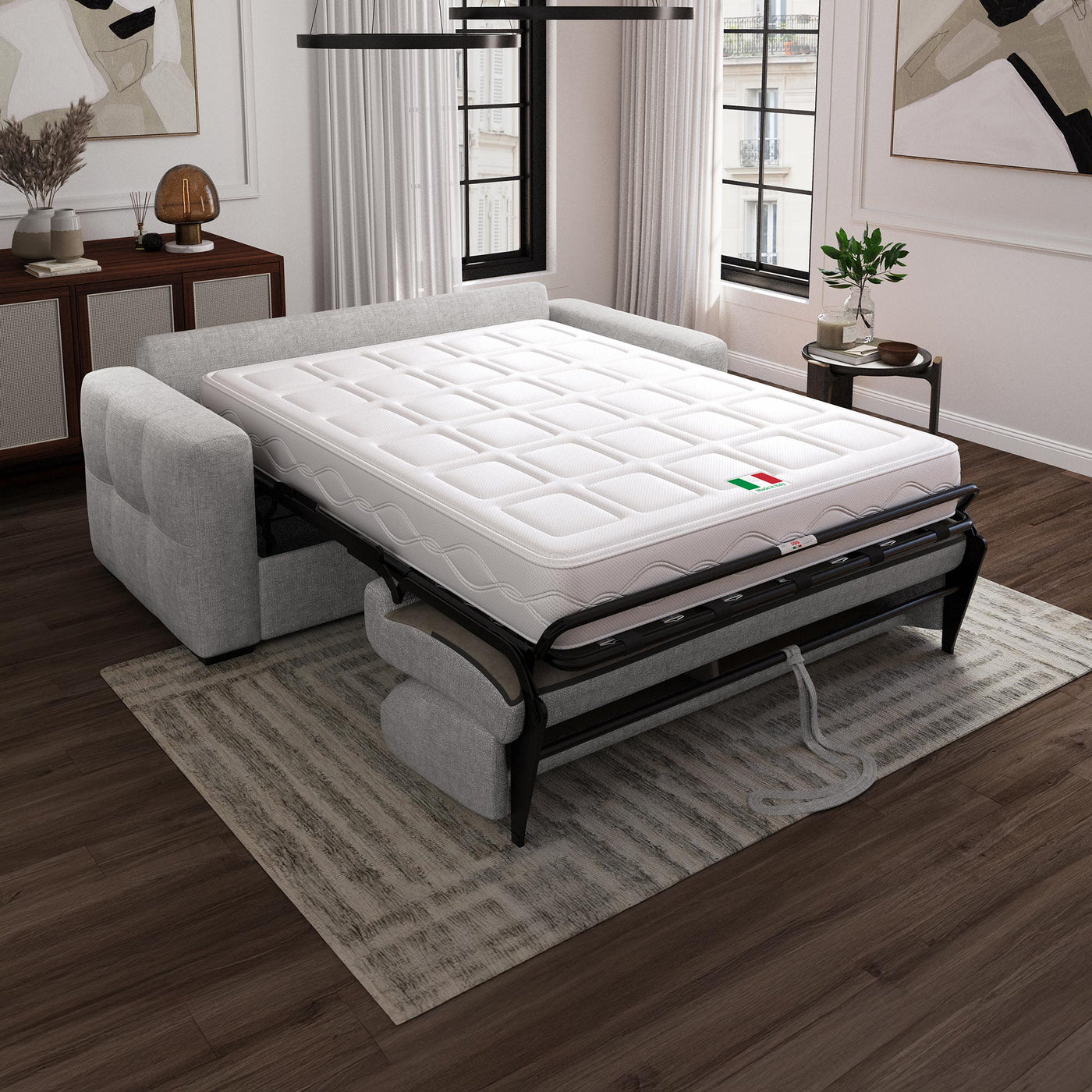 DYLANE Canapé 3 places convertible tissu capitonné gris clair matelas 22 cm