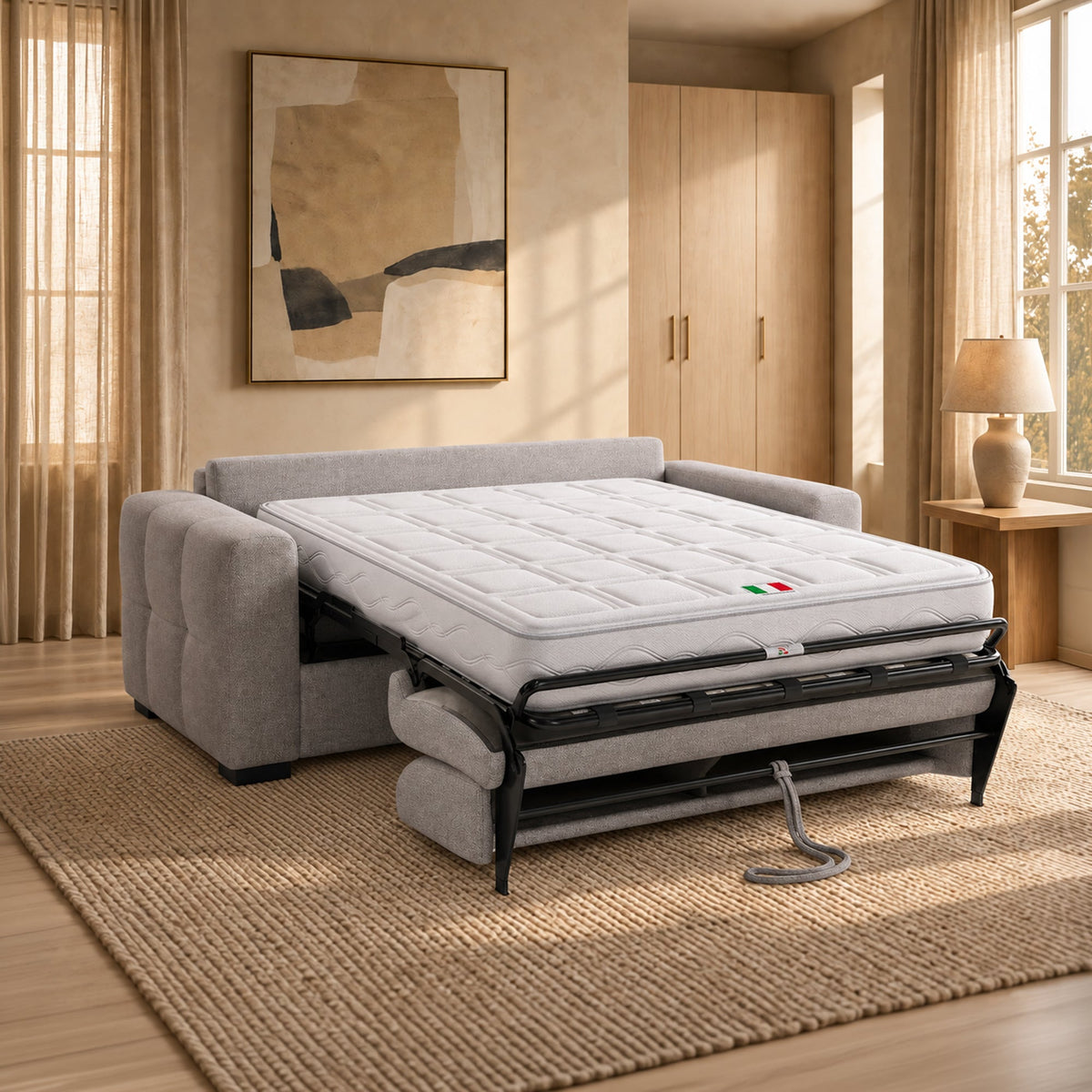 DYLANE Canapé 3 places convertible tissu capitonné gris clair matelas 22 cm - Canapés convertibles - Mobilier Deco
