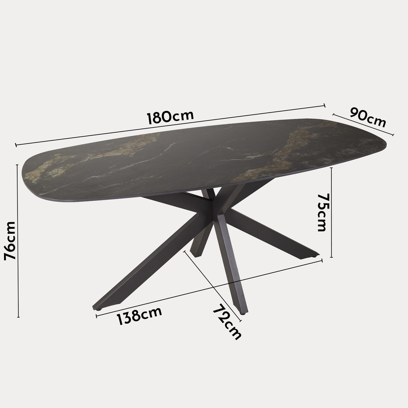 EDENA Table à manger ovale en céramique noir et doré piètement en acier noir