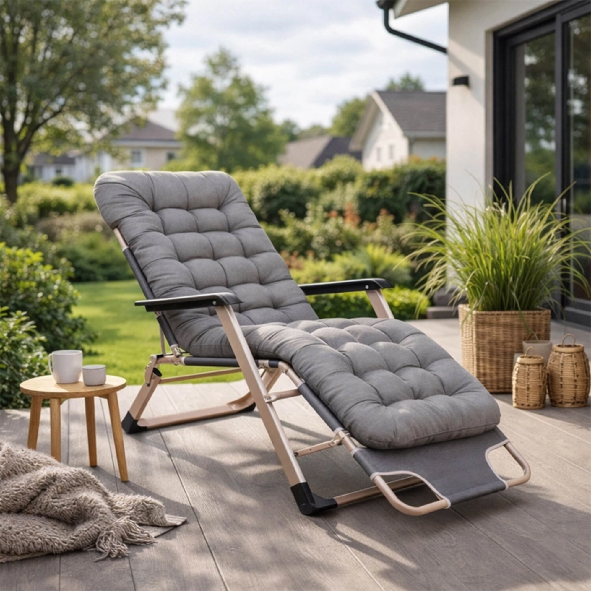 EDISON Fauteuil inclinable en tissu gris pieds en métal beige - Mobilier de jardin - Mobilier Deco