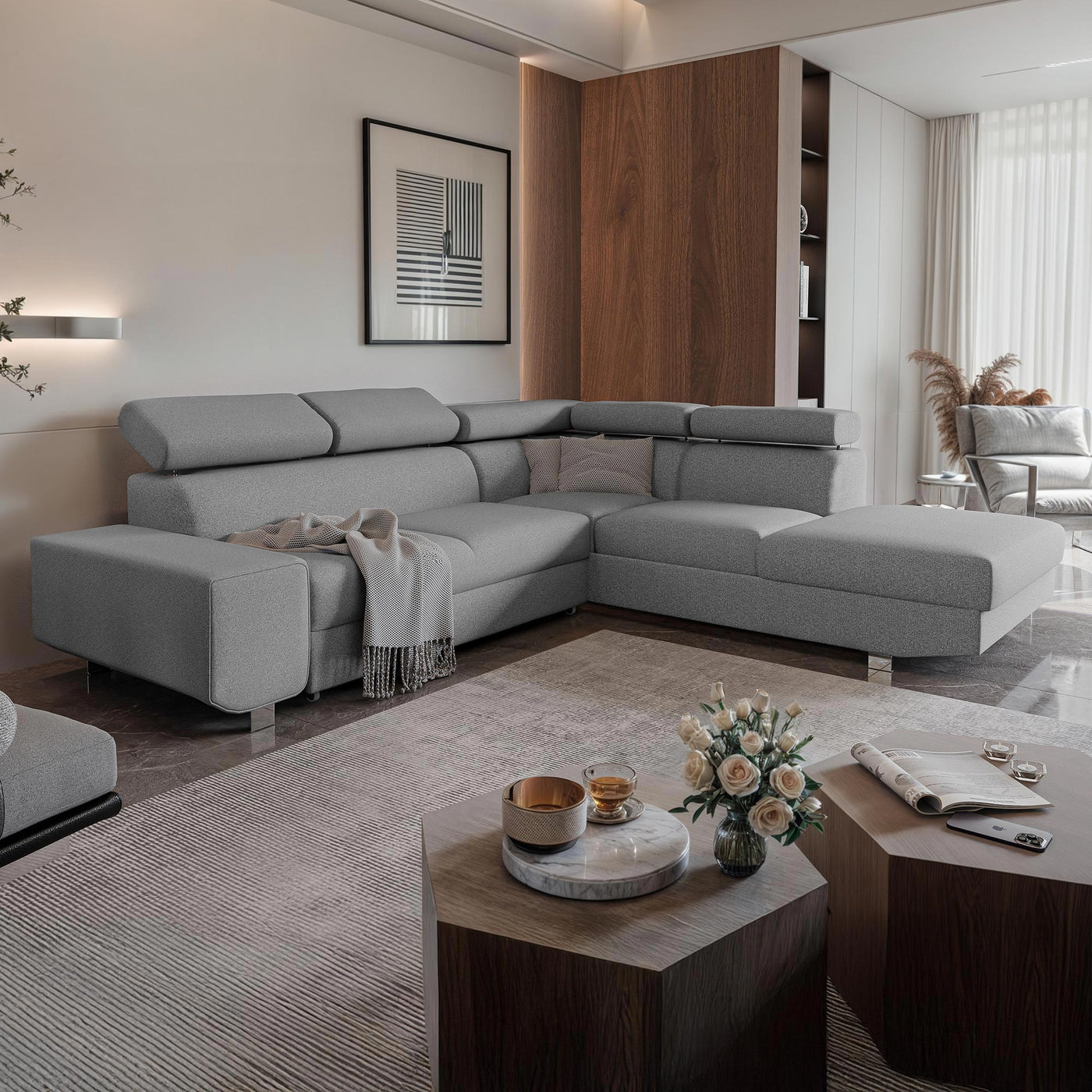 EIDEN Canapé d'angle convertible avec coffre en tissu gris clair - Angle droit