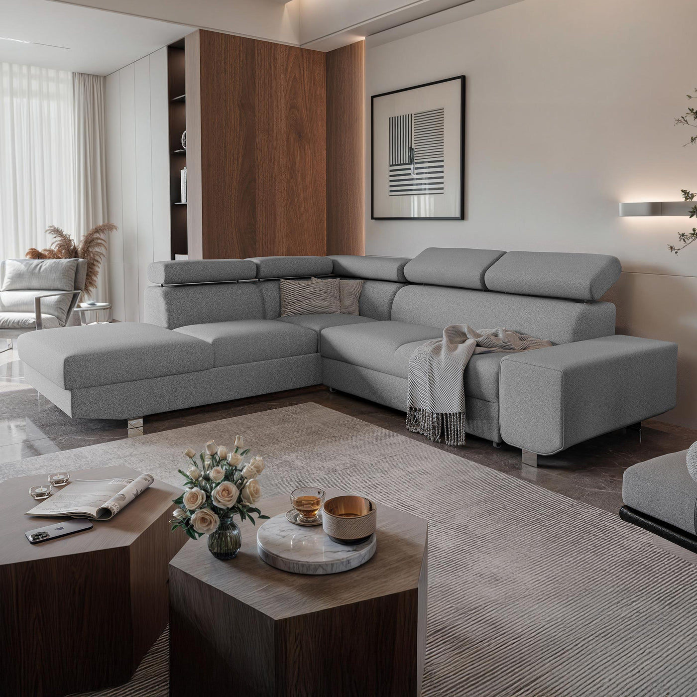 EIDEN Canapé d'angle convertible avec coffre en tissu gris clair - Angle gauche