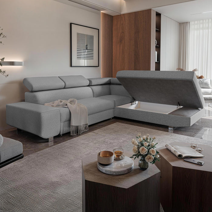 EIDEN Canapé d'angle convertible avec coffre en tissu gris clair - Angle droit