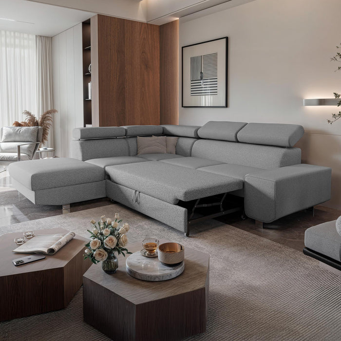 EIDEN Canapé d'angle convertible avec coffre en tissu gris clair - Angle gauche