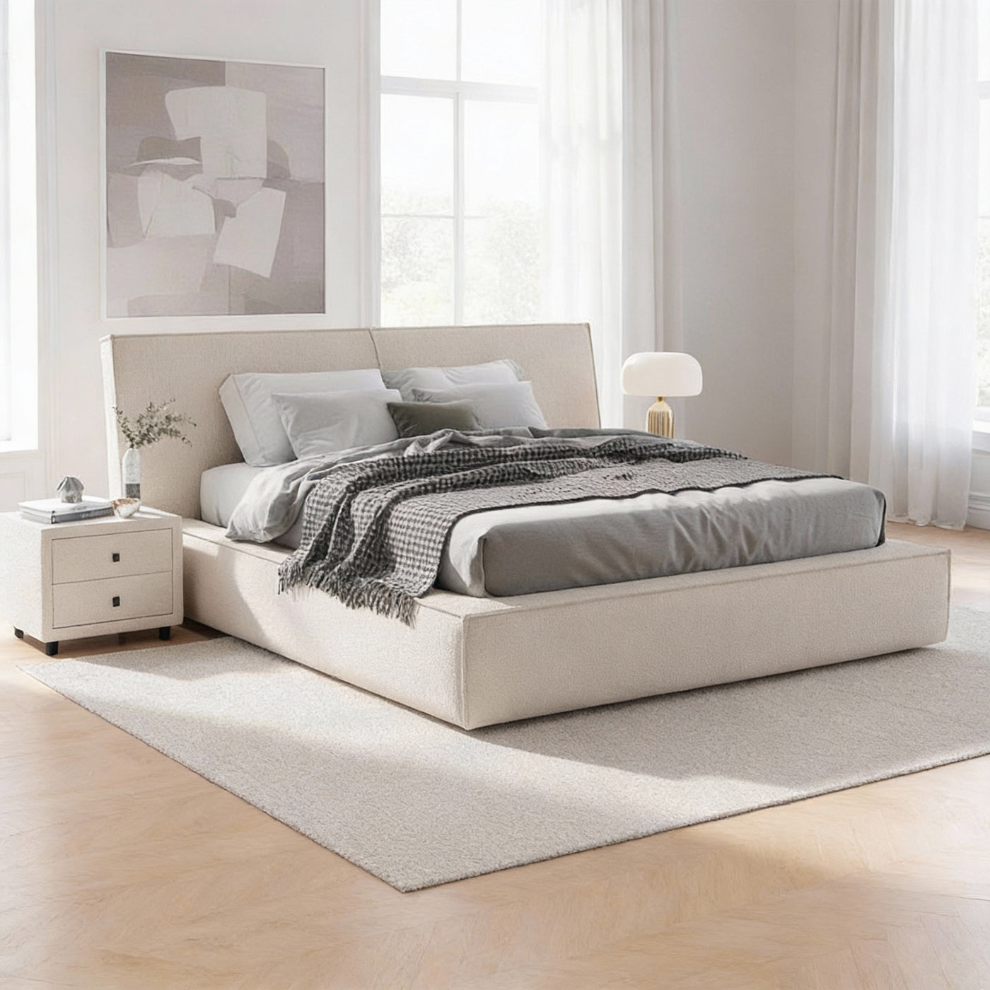 ELANA Lit double en tissu beige avec coffre 140x190 cm