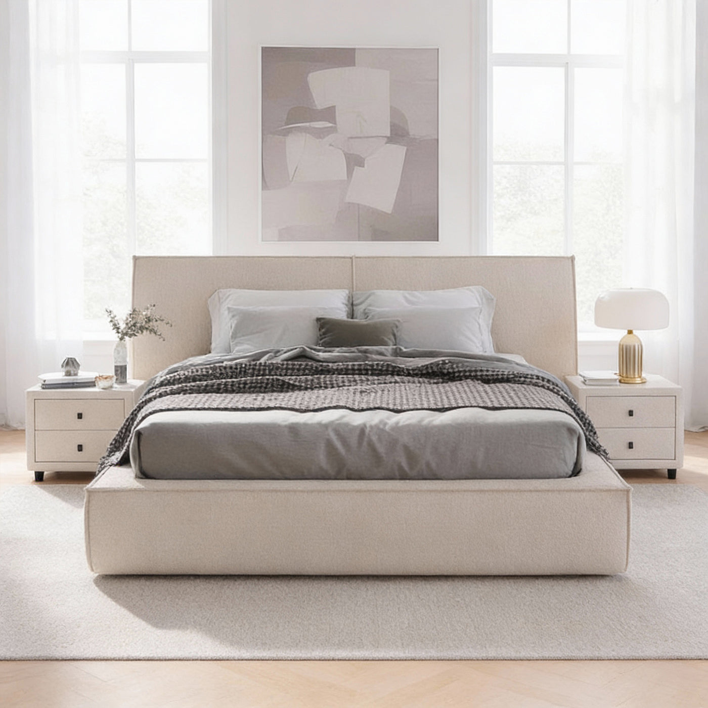 ELANA Lit double en tissu beige avec coffre 140x190 cm