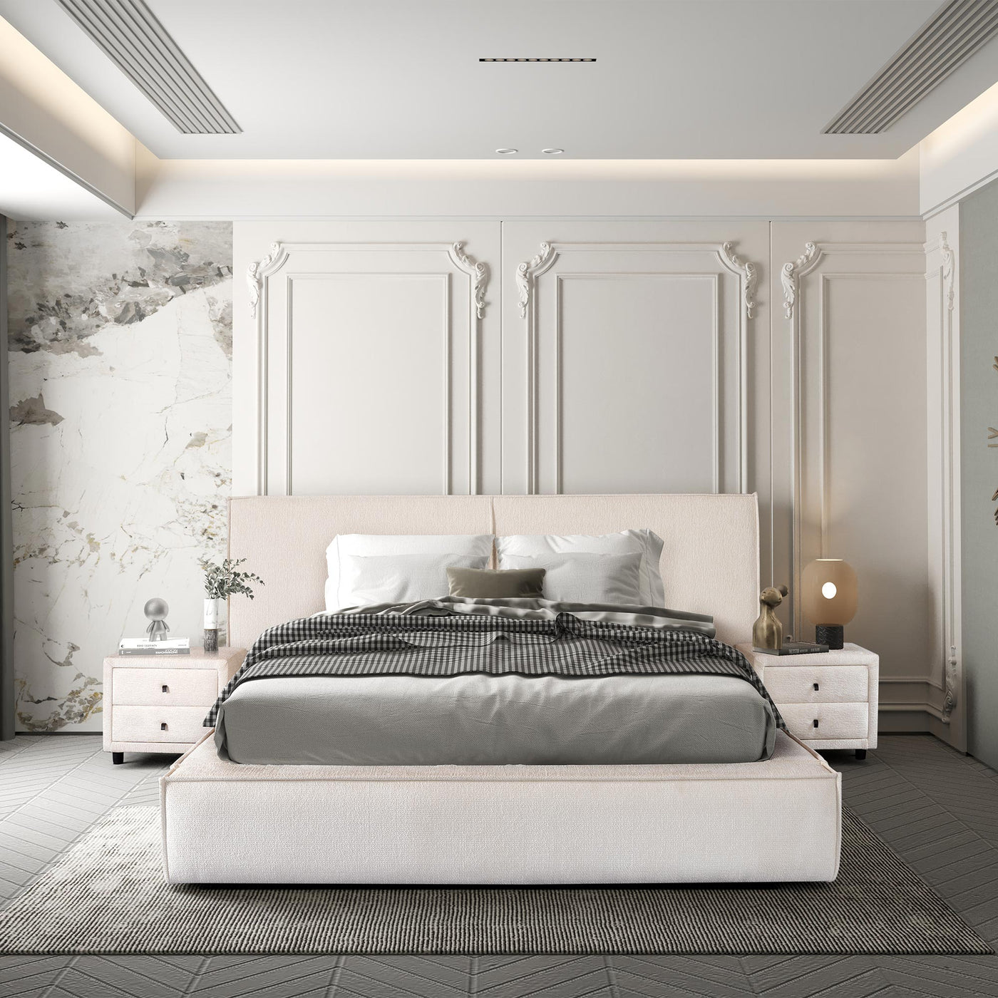 ELANA Lit double en tissu beige avec coffre 140x190 cm