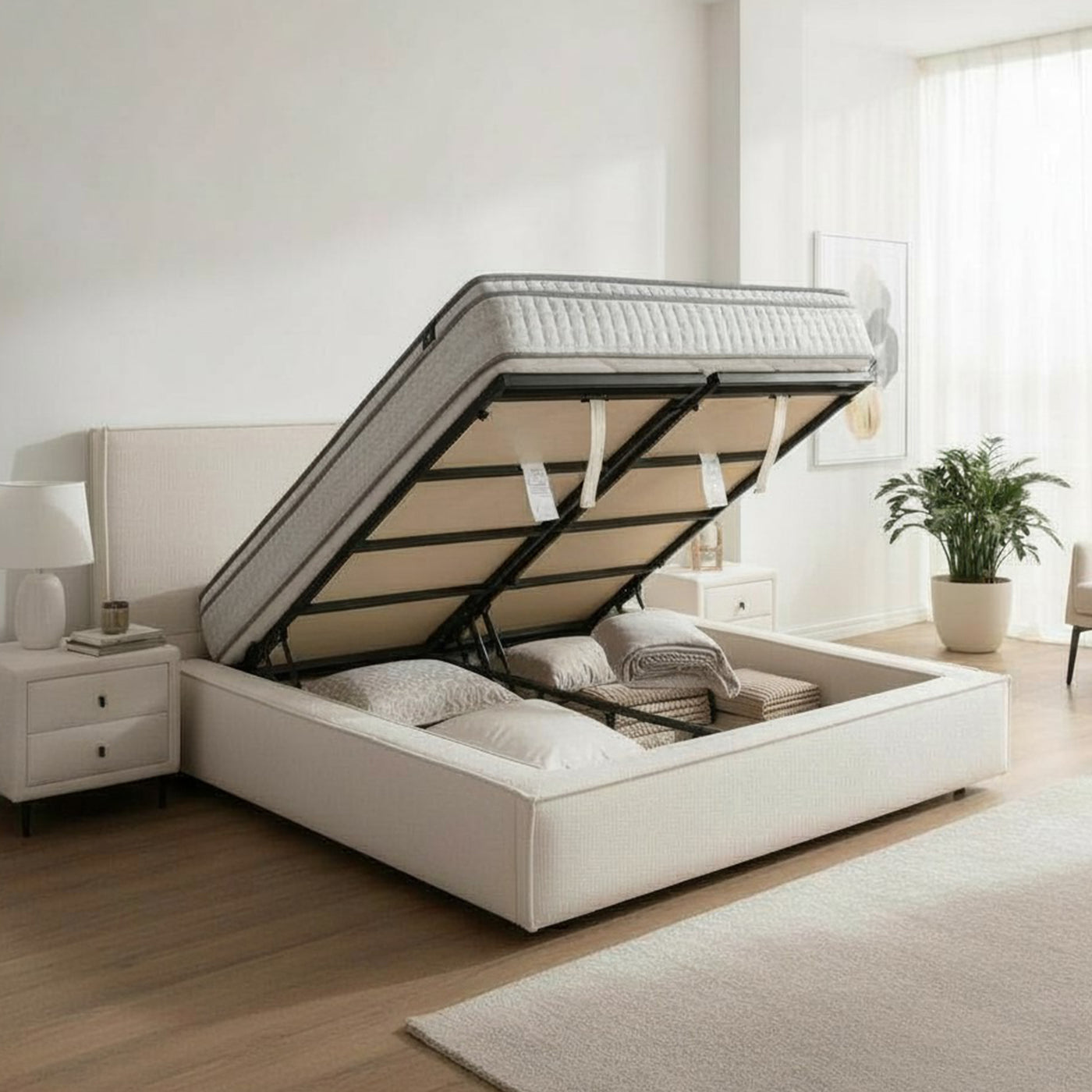 ELANA Lit double en tissu beige avec coffre 180x200 cm
