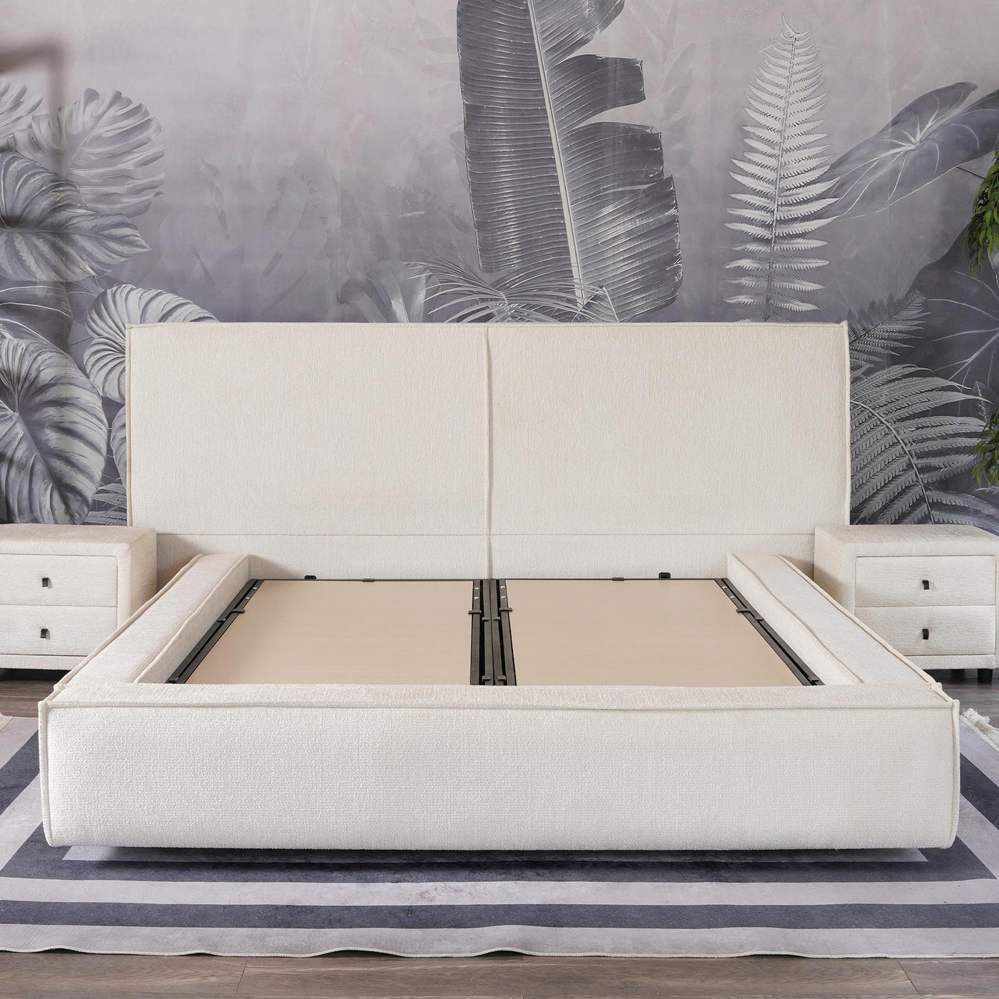 ELANA Lit double en tissu beige avec coffre 180x200 cm