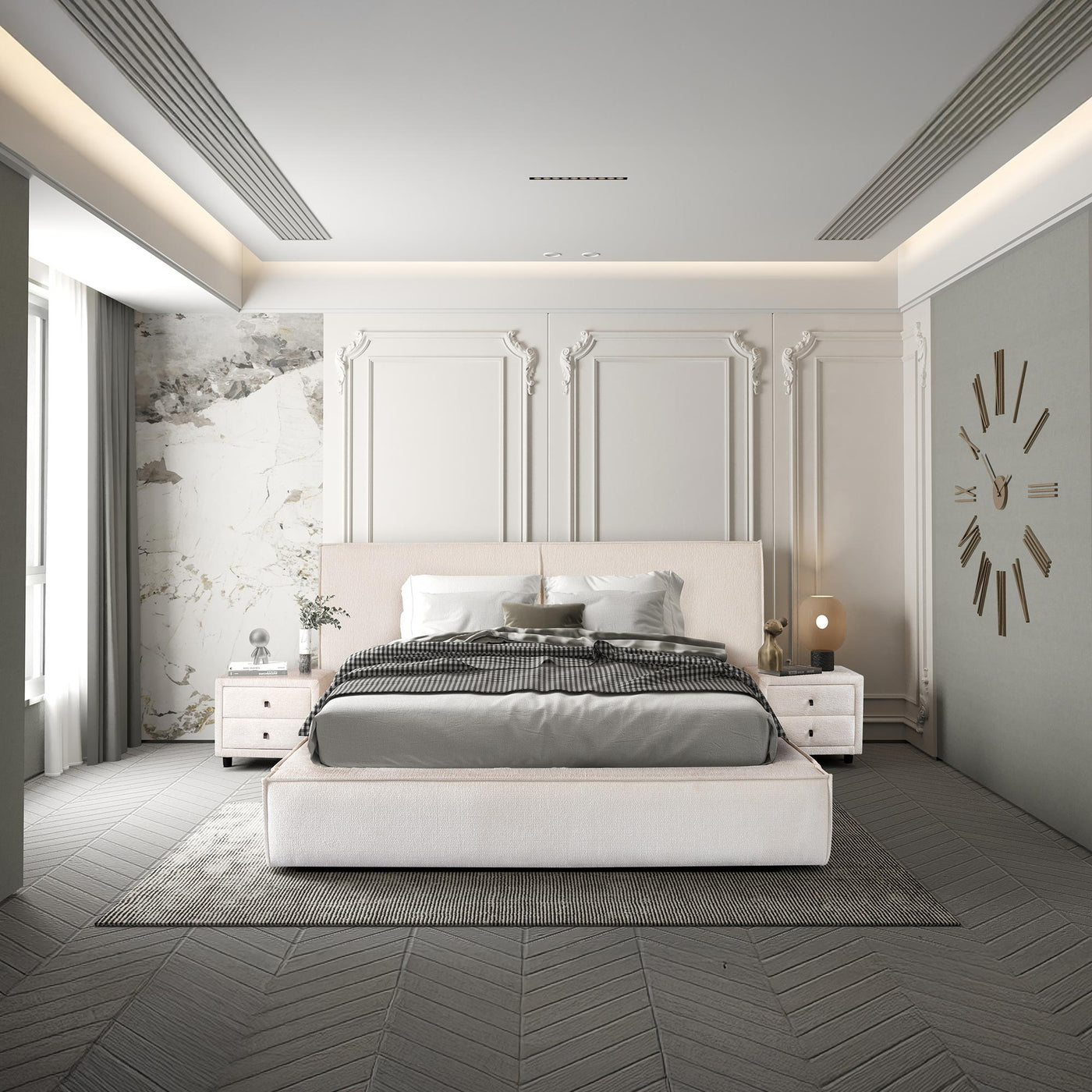 ELANA Lit double en tissu beige avec coffre 180x200 cm