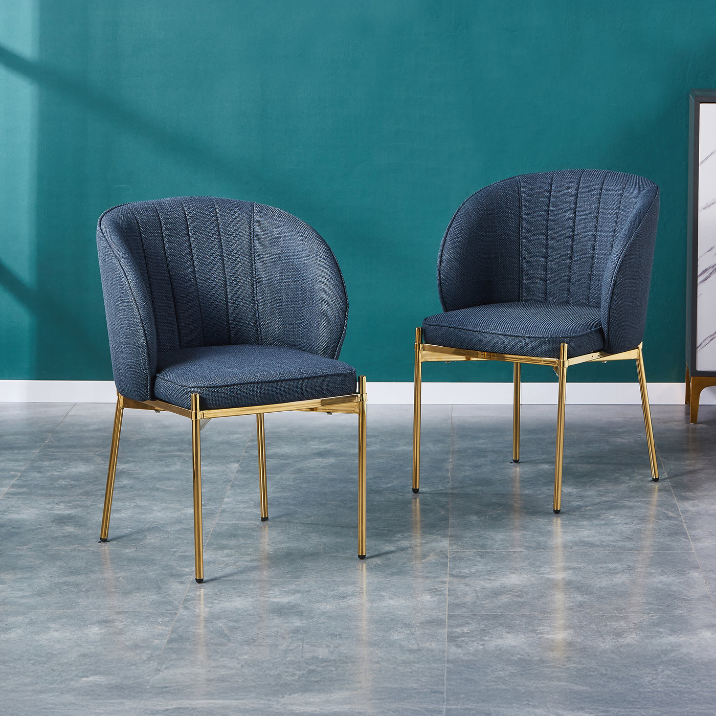 ELIANA Lot de 2 chaises en tissu bleu pieds en métal doré