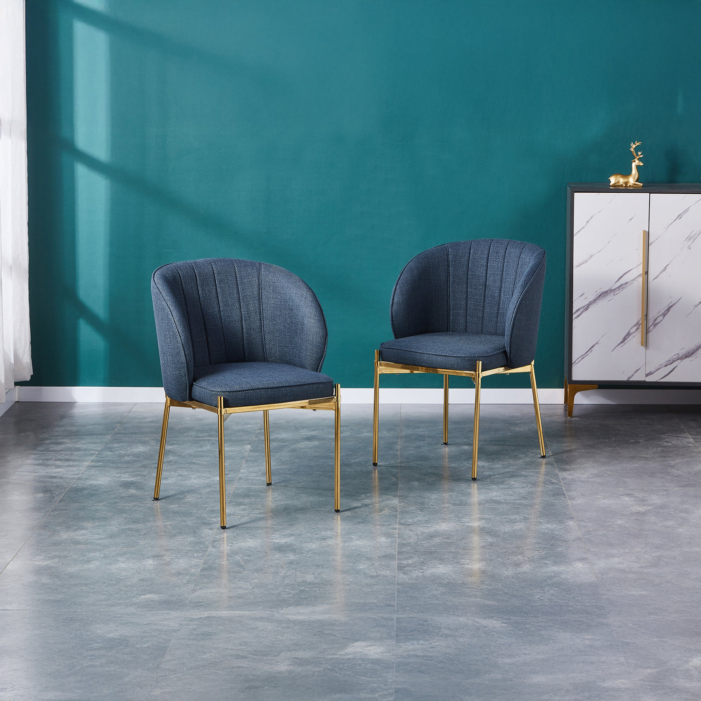 ELIANA Lot de 2 chaises en tissu bleu pieds en métal doré