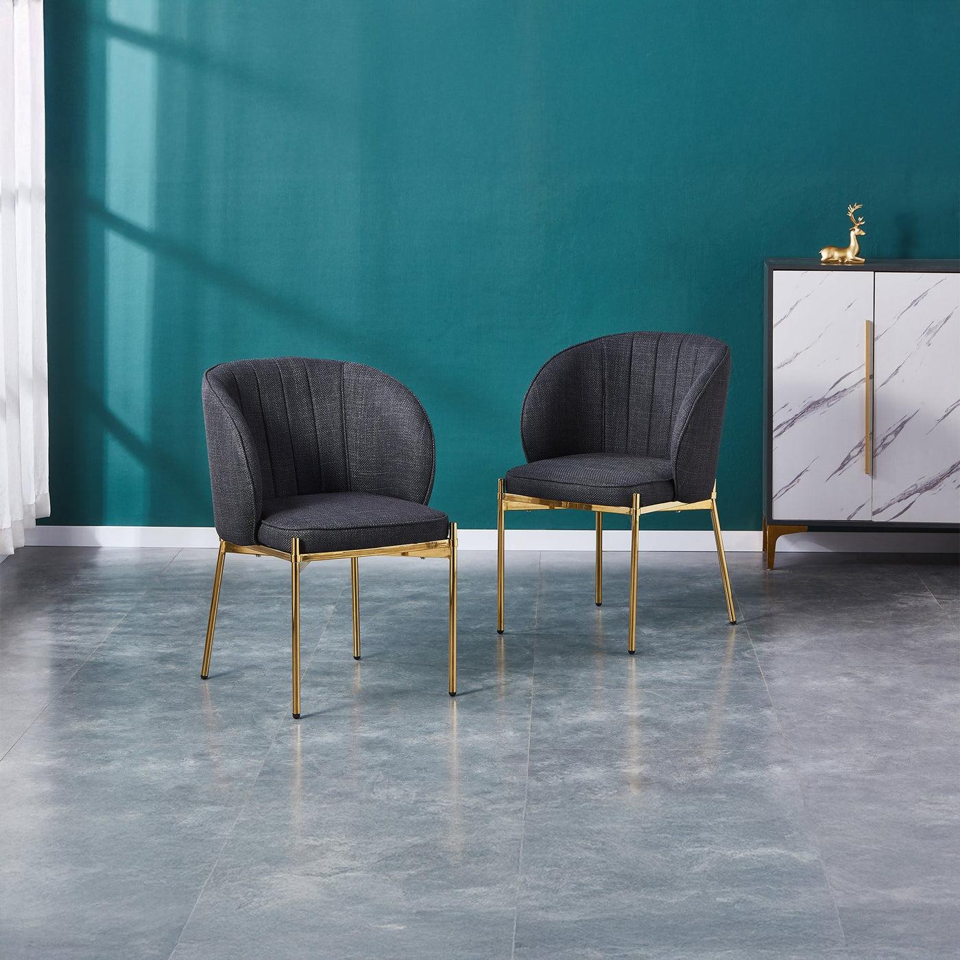 ELIANA Lot de 2 chaises en tissu noir pieds en métal doré - Chaise de repas - Mobilier Deco