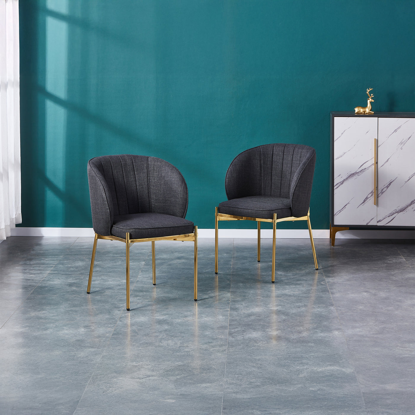 ELIANA Lot de 2 chaises en tissu noir pieds en métal doré