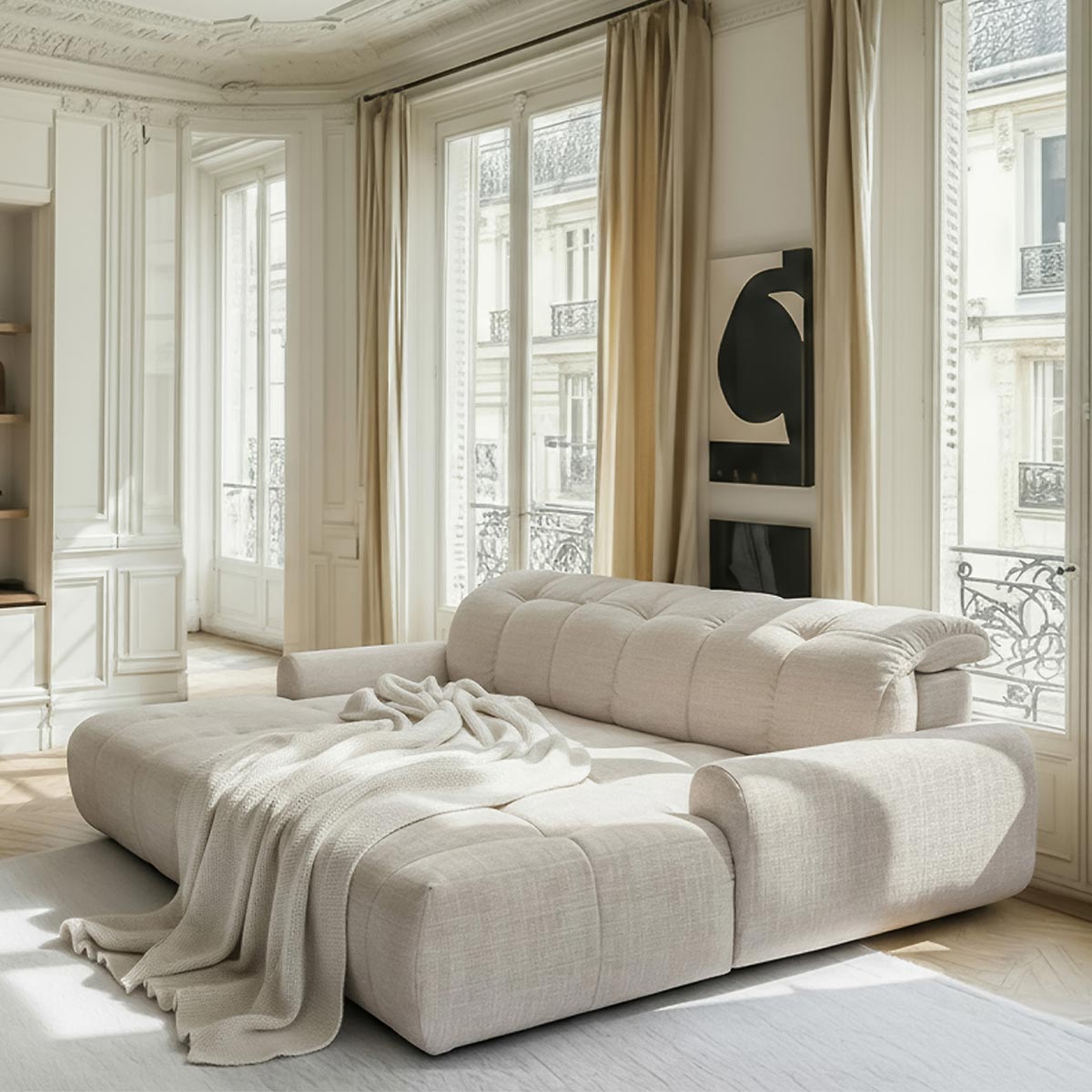 ELIOS Canapé d'angle convertible avec coffre en tissu beige - Angle gauche