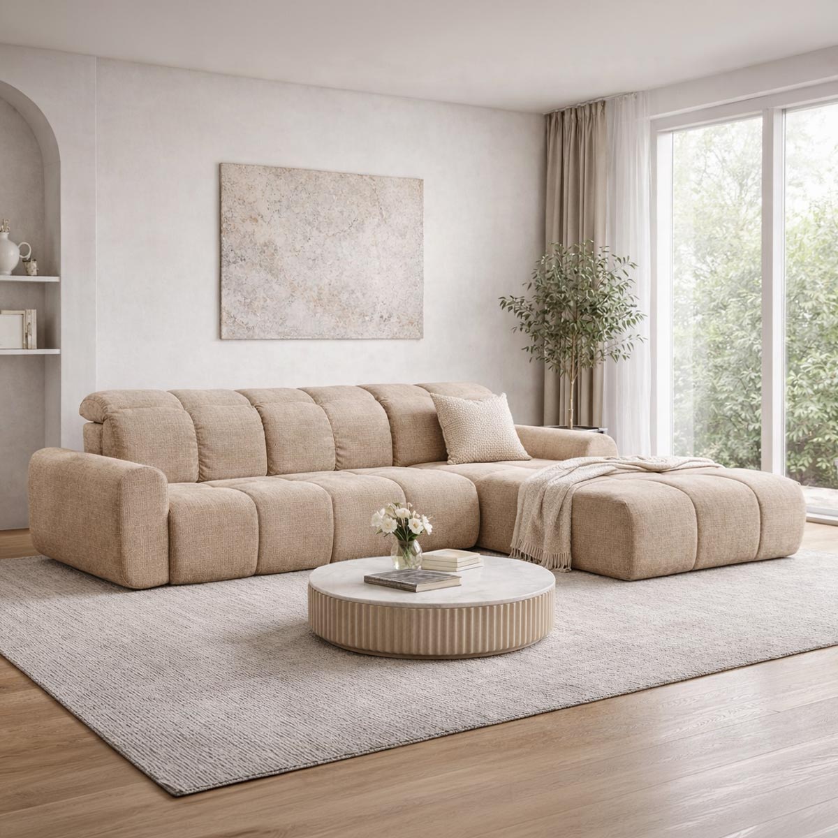 ELIOS Canapé d'angle convertible avec coffre en tissu taupe - Angle droit
