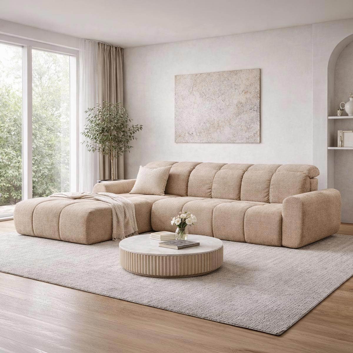 ELIOS Canapé d'angle convertible avec coffre en tissu taupe - Angle gauche