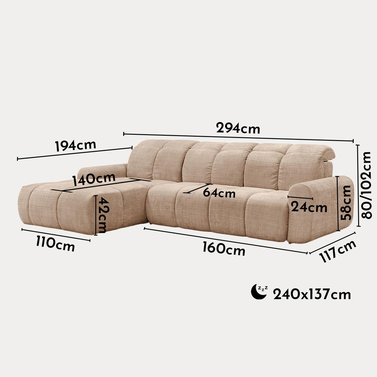 ELIOS Canapé d'angle convertible avec coffre en tissu taupe - Angle gauche