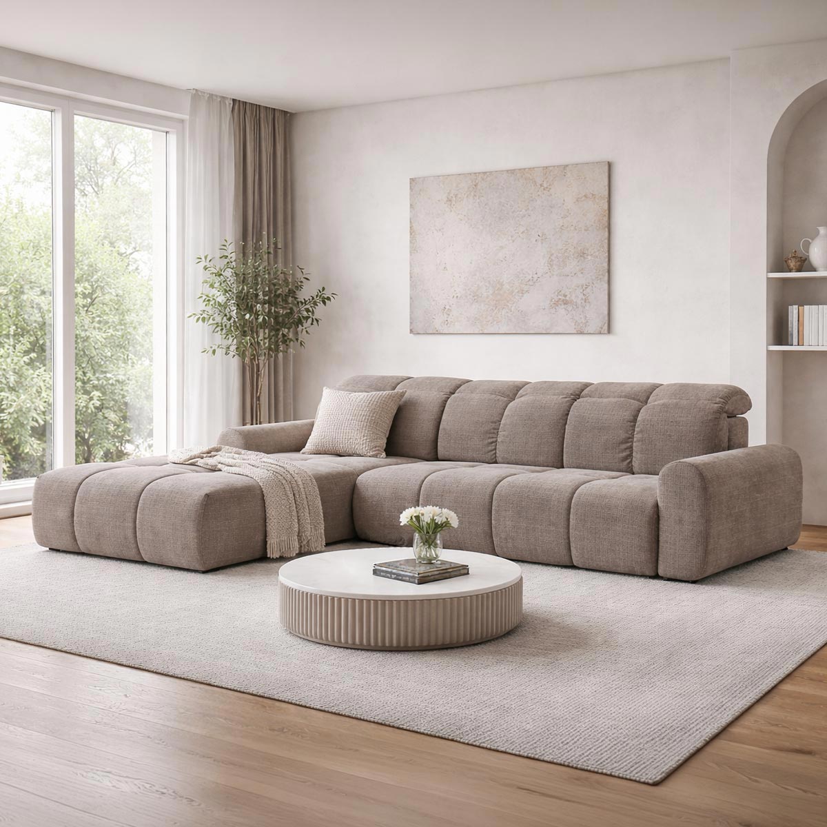 ELIOS Canapé d'angle convertible avec coffre en tissu taupe foncé - Angle gauche