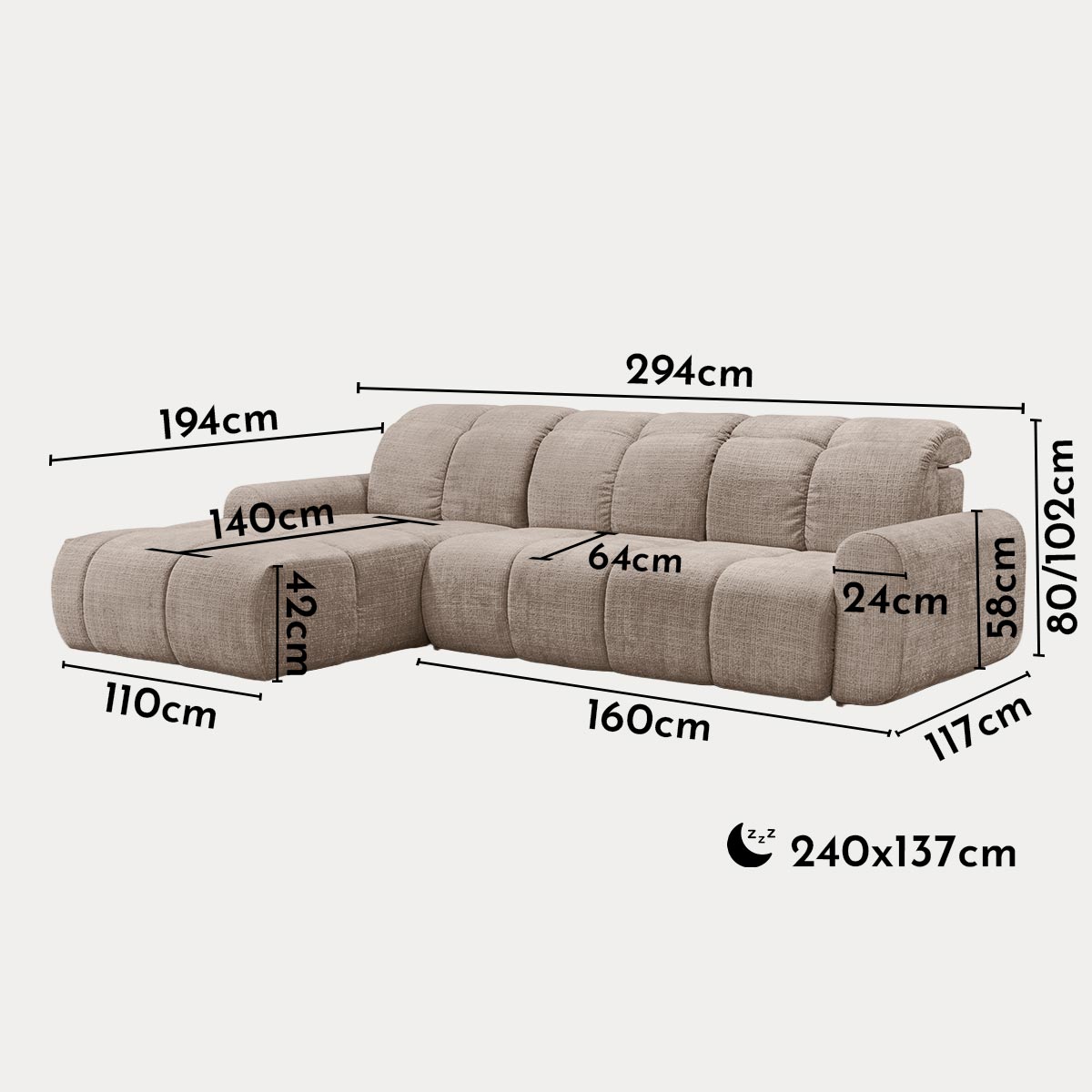 ELIOS Canapé d'angle convertible avec coffre en tissu taupe foncé - Angle gauche