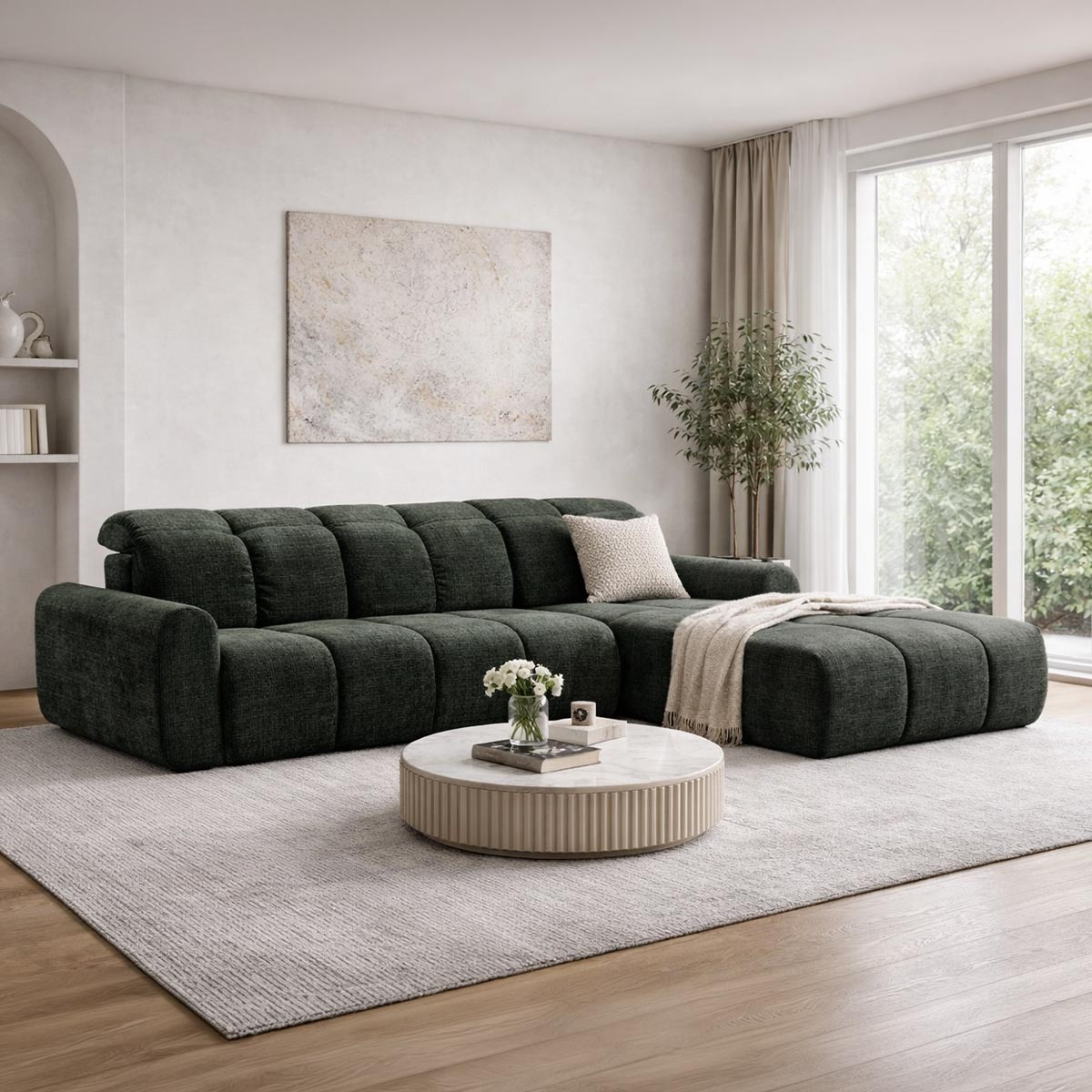 ELIOS Canapé d'angle convertible avec coffre en tissu vert sapin - Angle droit