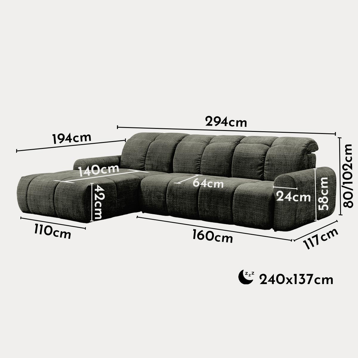 ELIOS Canapé d'angle convertible avec coffre en tissu vert sapin - Angle gauche