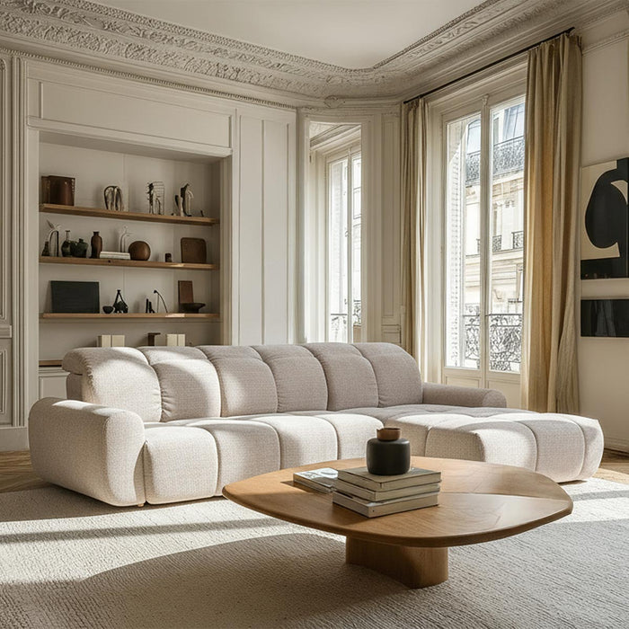 ELIOS Canapé d'angle convertible avec coffre en tissu beige - Angle gauche