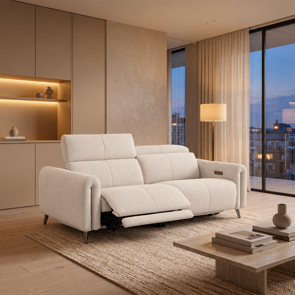 ELISE Canapé 3 places relax électrique en tissu beige - Canapé relax - Mobilier Deco