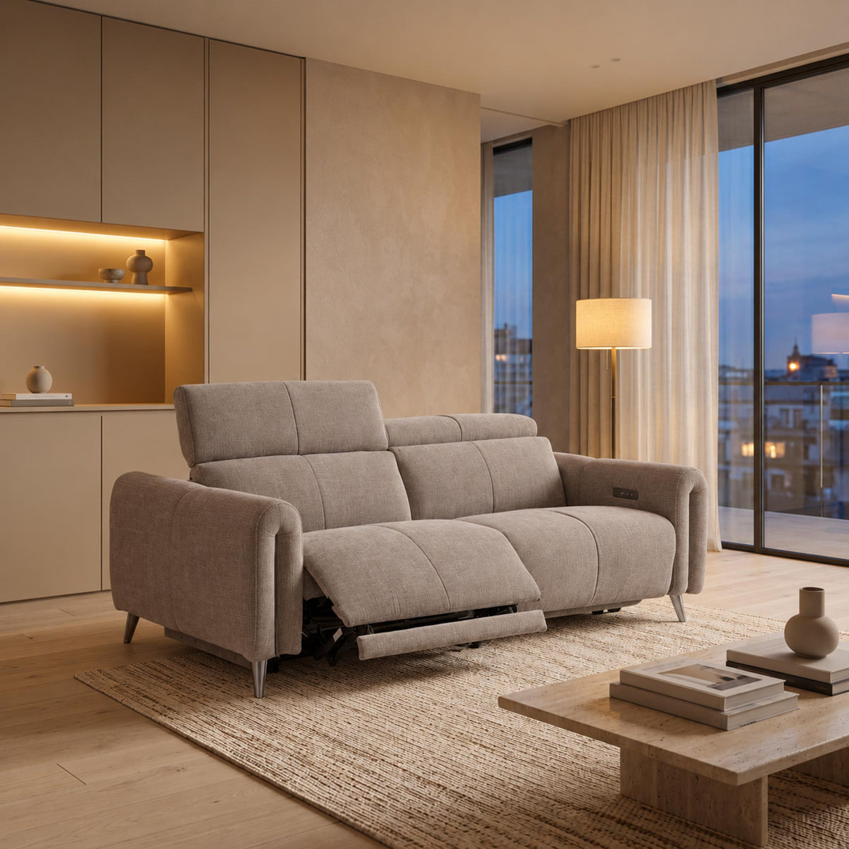 ELISE Canapé 3 places relax électrique en tissu taupe - Canapé relax - Mobilier Deco