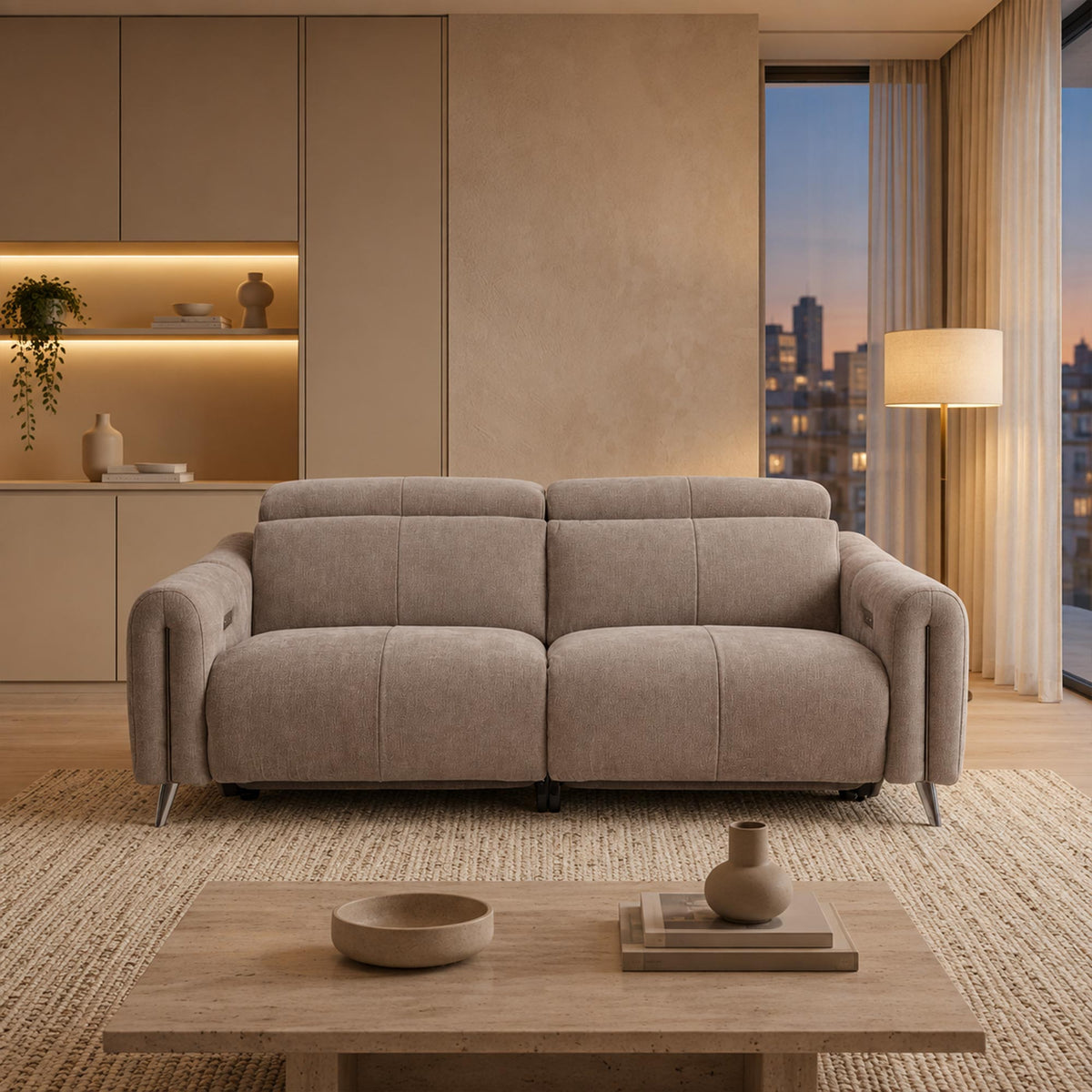 ELISE Canapé 3 places relax électrique en tissu taupe - Canapé relax - Mobilier Deco