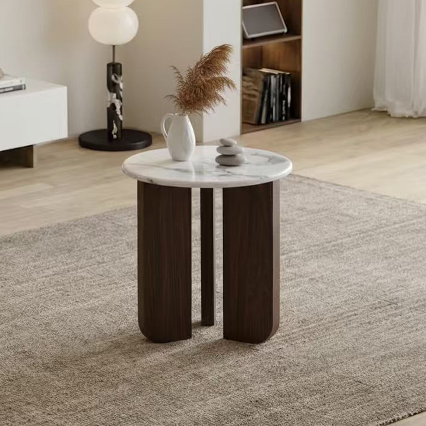 ELODIE - 45 Table d'appoint ronde en marbre composite pieds couleur bois foncé D45 cm