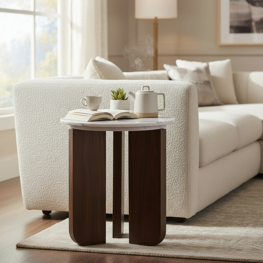 ELODIE - 45 Table d'appoint ronde en marbre composite pieds couleur bois foncé D45 cm