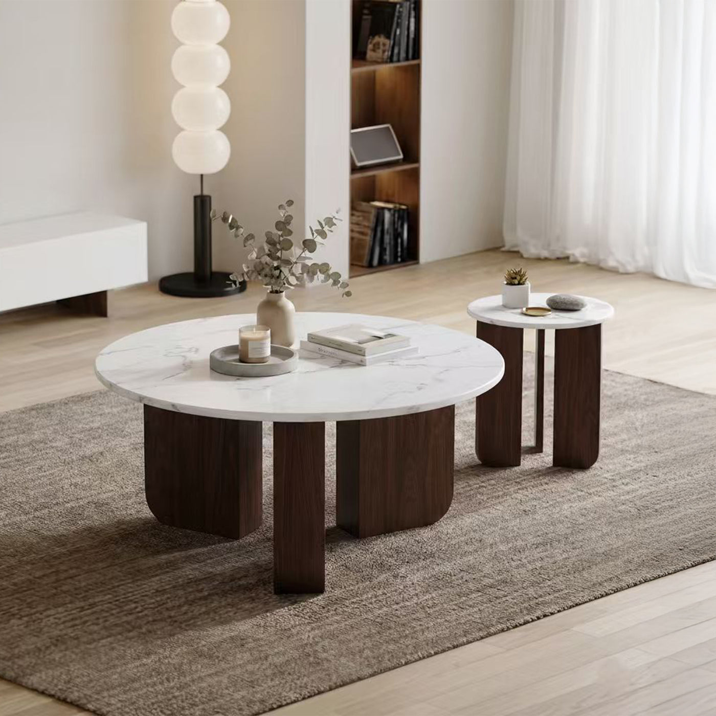 ELODIE - 45 Table d'appoint ronde en marbre composite pieds couleur bois foncé D45 cm