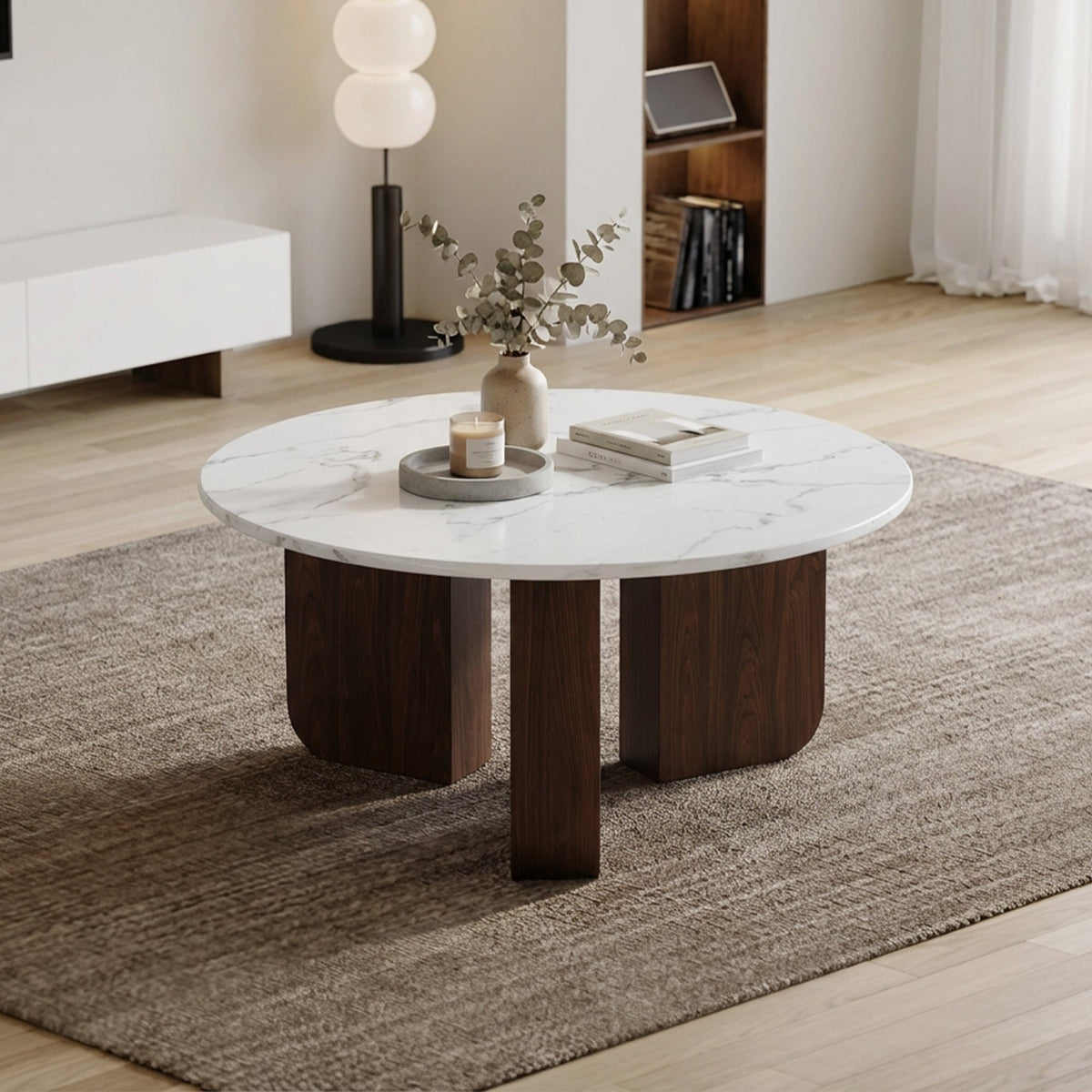 ELODIE - 60 Table basse ronde en marbre composite pieds couleur bois foncé D60 cm - Table basse - Mobilier Deco