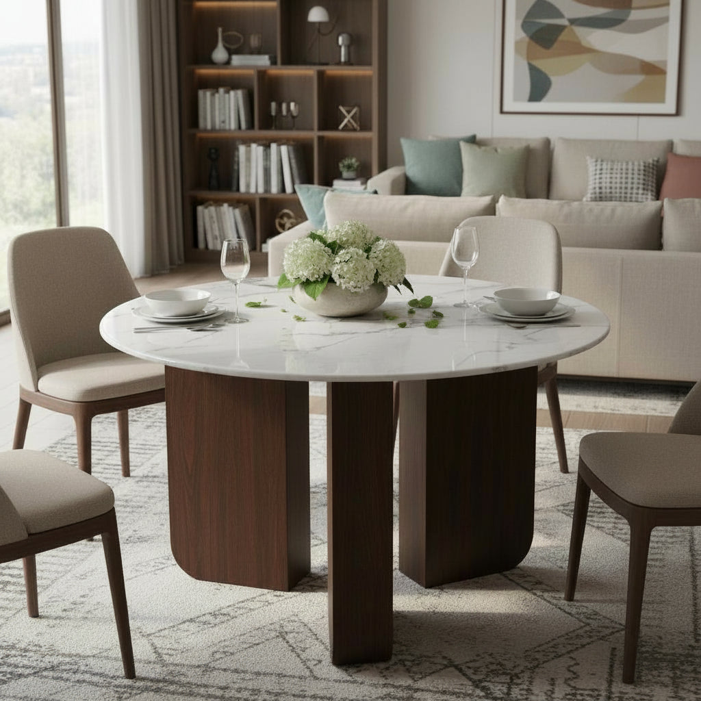 ELODIE XL Table à manger ronde en marbre composite pieds couleur bois foncé D120 cm
