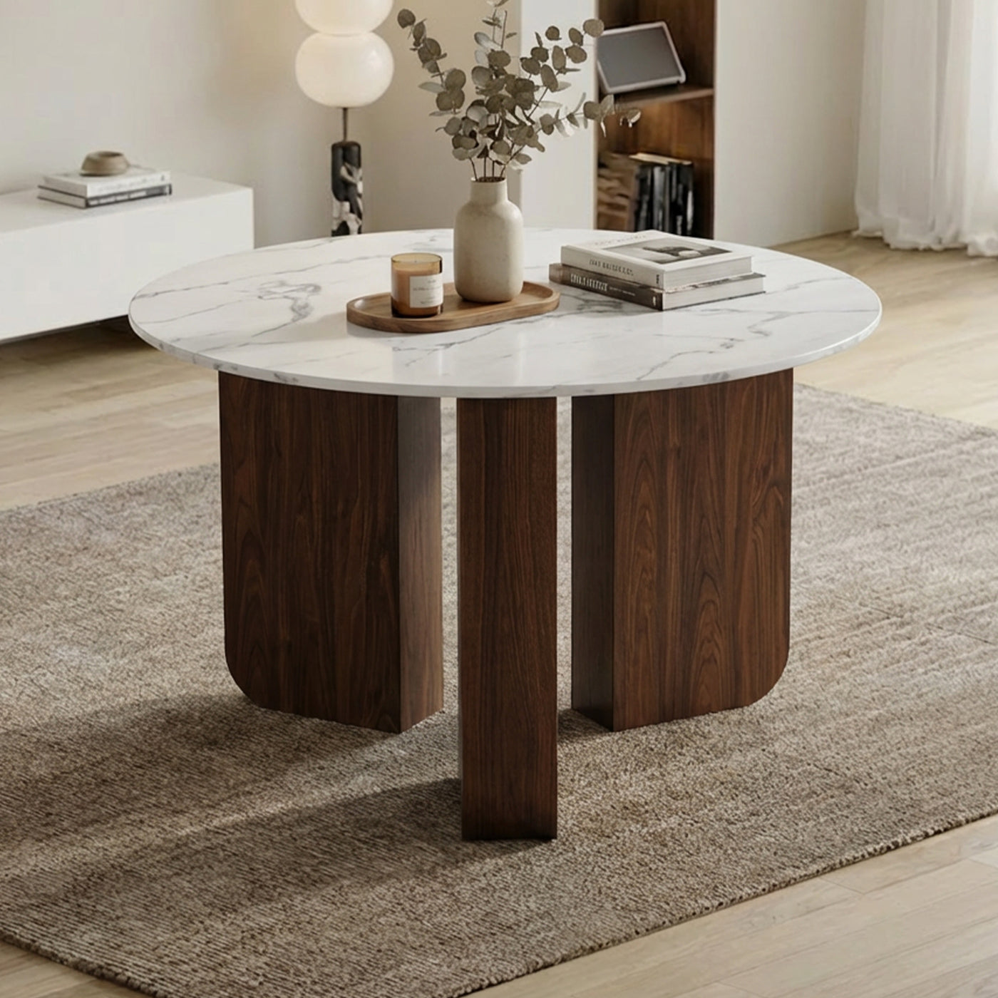 ELODIE XL Table à manger ronde en marbre composite pieds couleur bois foncé D120 cm