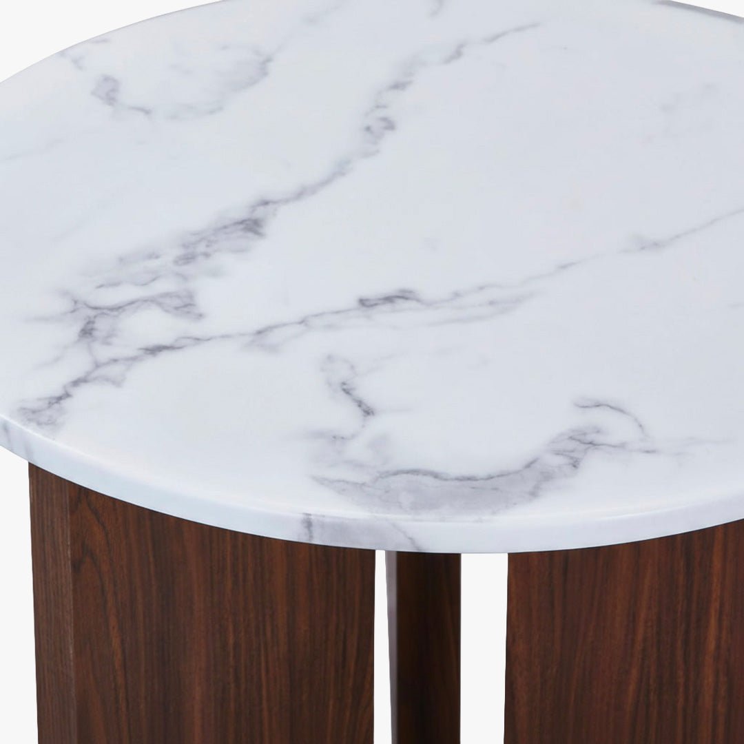 ELODIE XL Table à manger ronde en marbre composite pieds couleur bois foncé D120 cm - Table à manger - Mobilier Deco