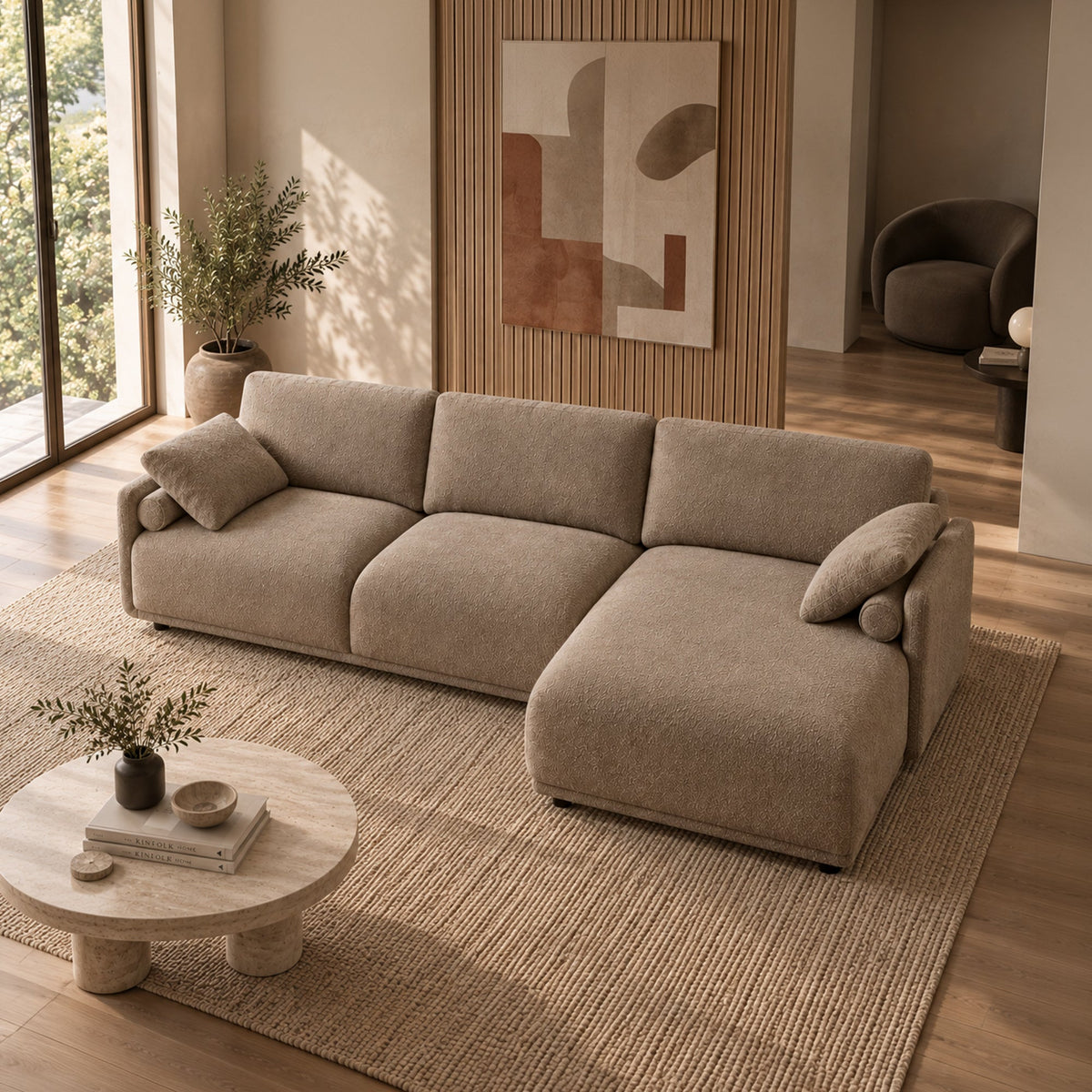 ELORA Canapé d'angle en tissu beige - Angle droit - Canapés d'angle - Mobilier Deco
