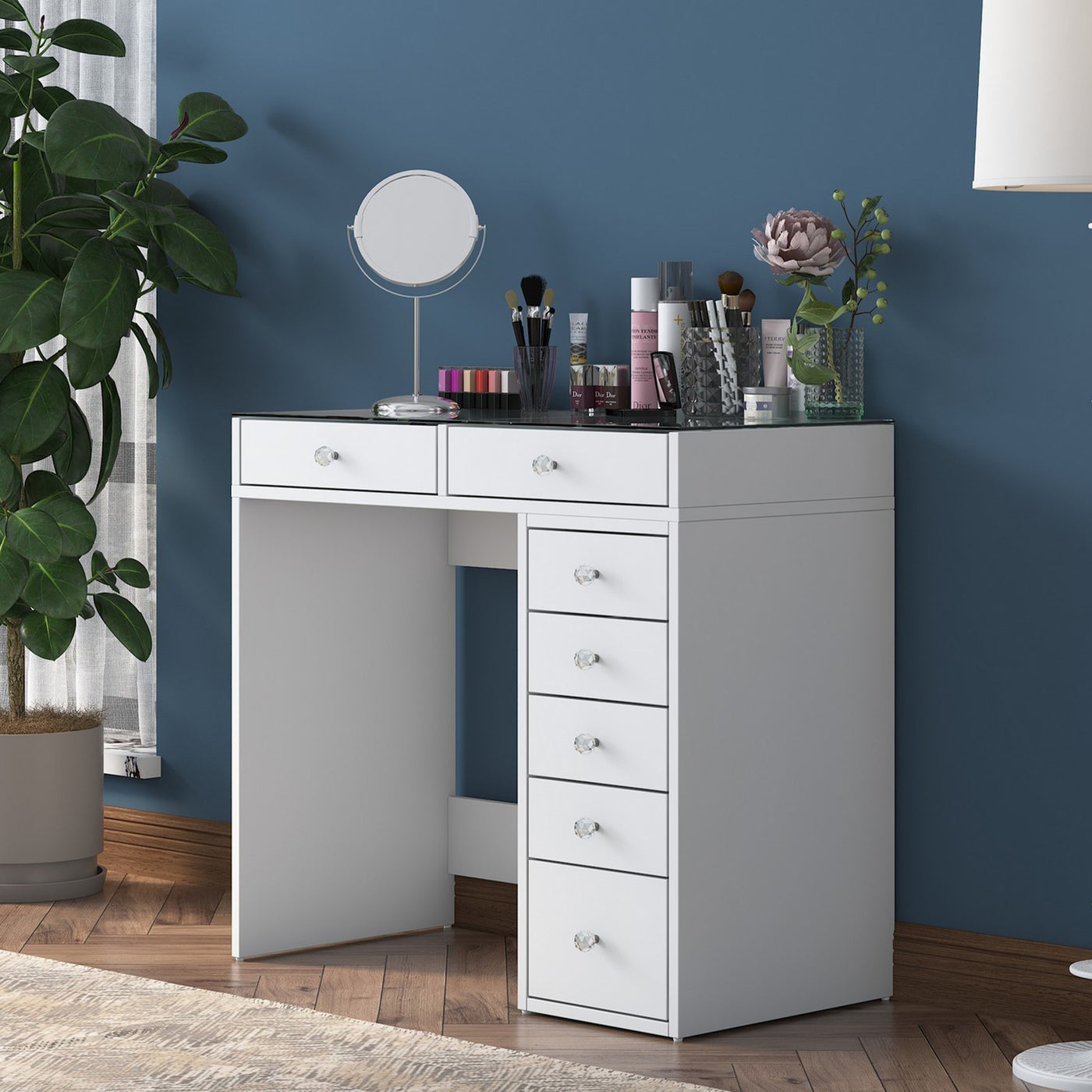 ELORIA Coiffeuse 7 tiroirs blanc avec plateau en verre