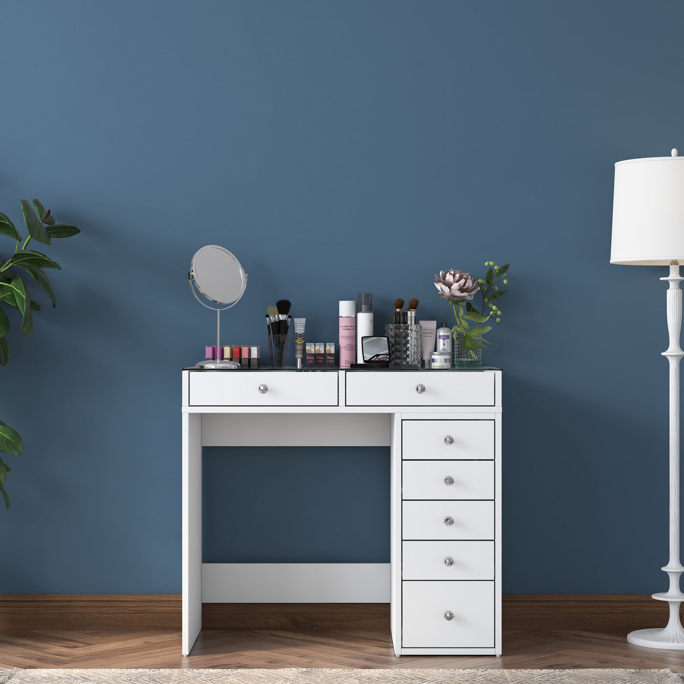 ELORIA Coiffeuse 7 tiroirs blanc avec plateau en verre