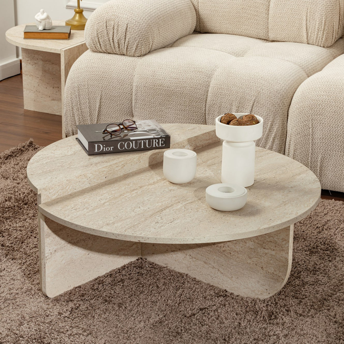ELYNA Table basse ronde beige D90 cm