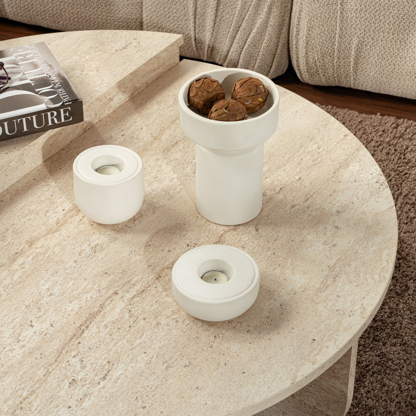 ELYNA Table basse ronde beige D90 cm
