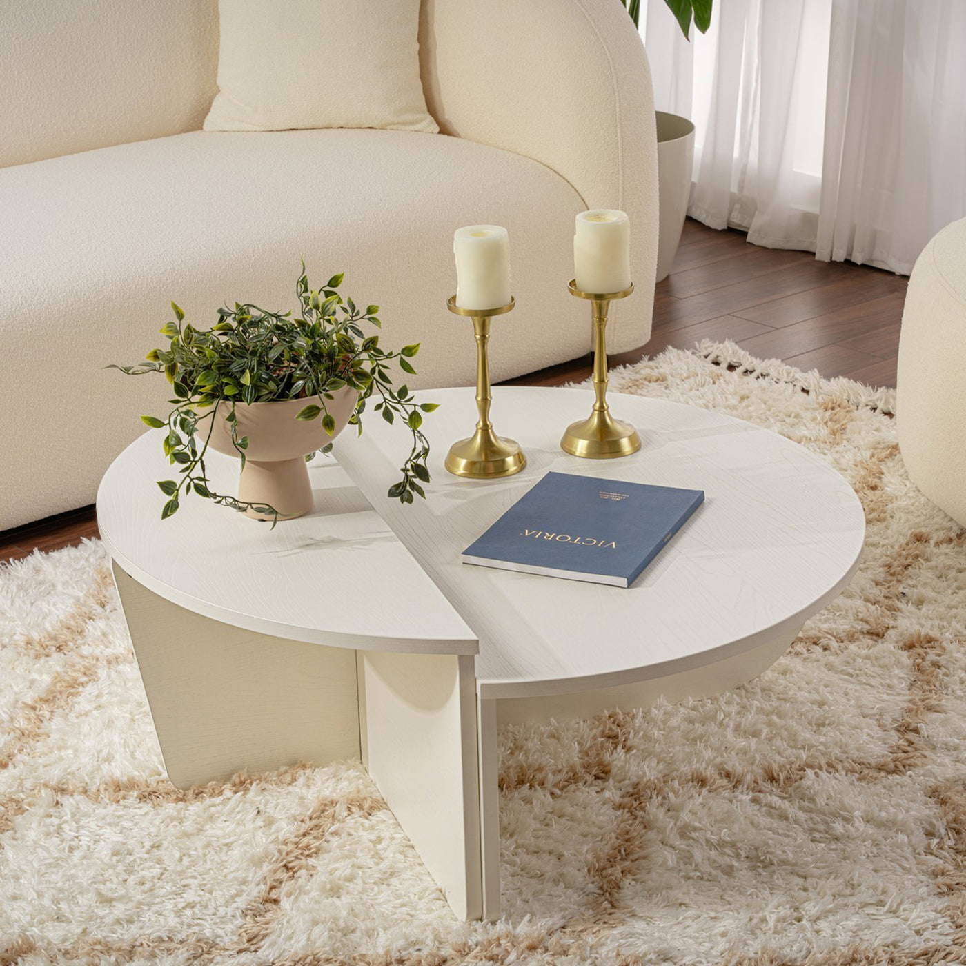 ELYNA Table basse ronde couleur bois blanc D90 cm