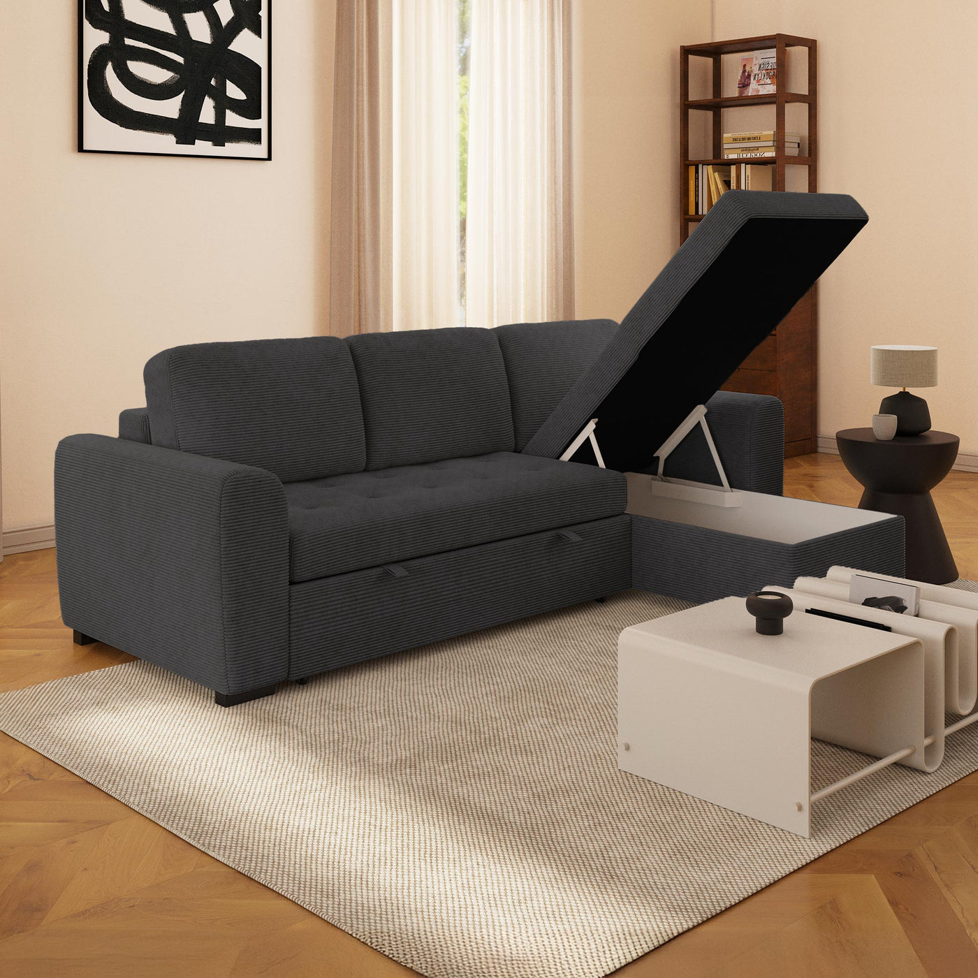 EMELINE Canapé d'angle réversible convertible avec coffre en velours côtelé anthracite