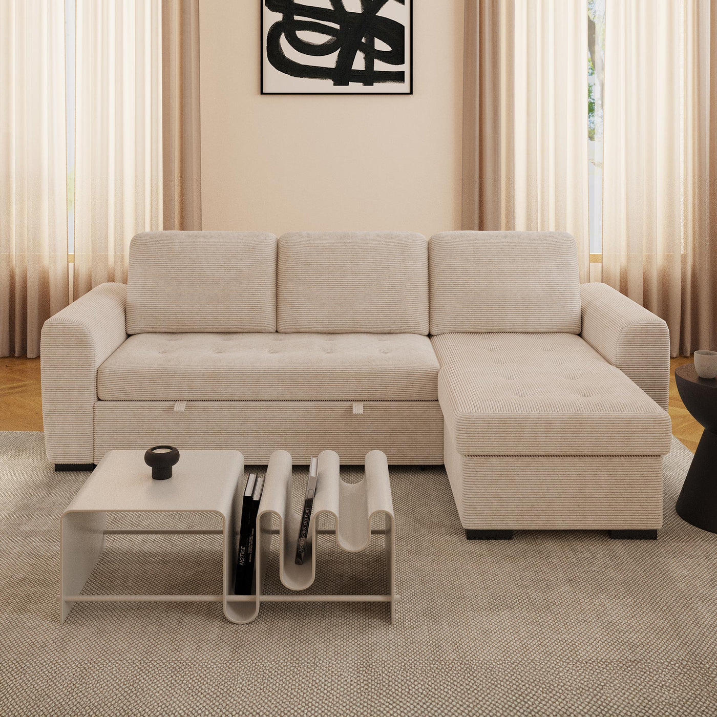 EMELINE Canapé d'angle réversible convertible avec coffre en velours côtelé beige